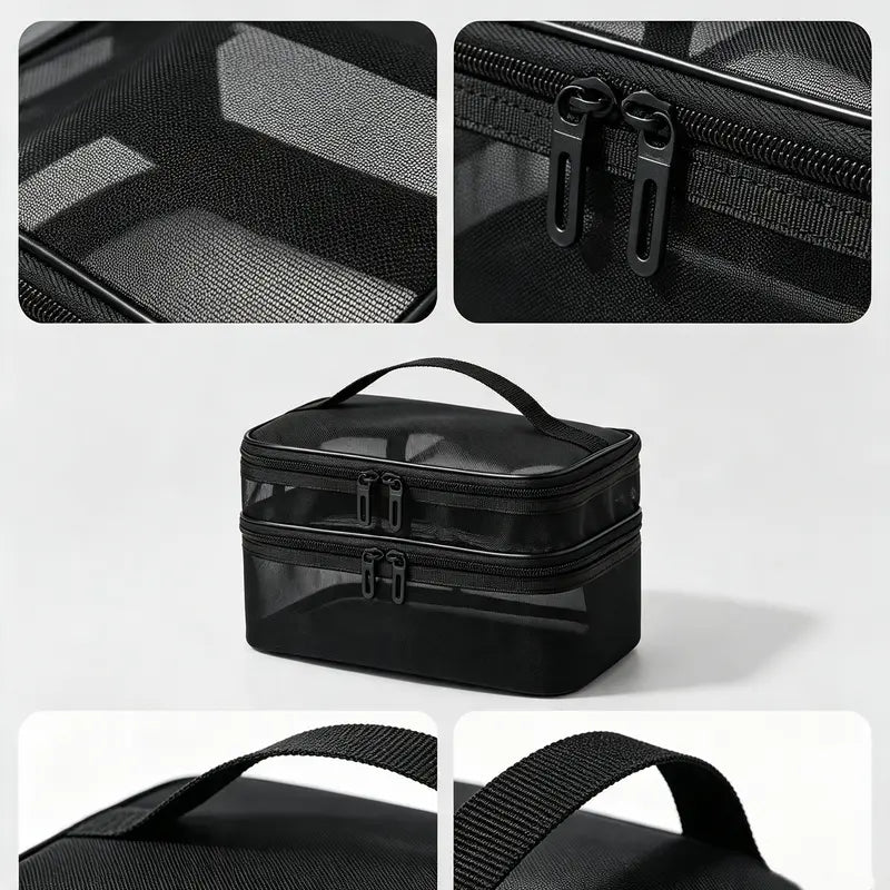 1Pc Double-Layer High-Capacity Makeup Bag with Handheld Handle - Beauty Storage Pouch, Portable Travel Cosmetic Organizer for Home Use, Cosmetic Lovers, High Capacity Storage Bags
