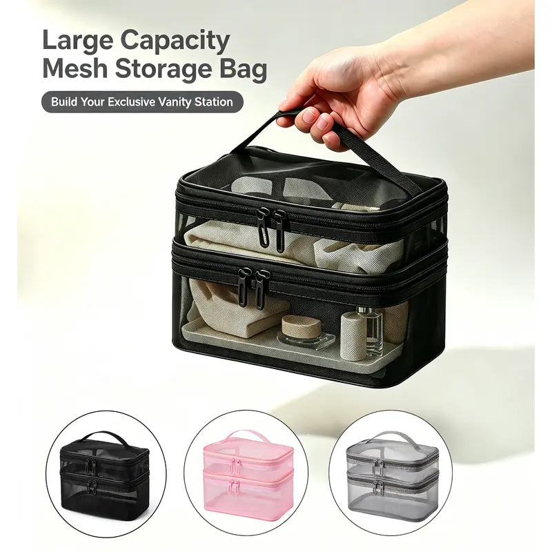 1Pc Double-Layer High-Capacity Makeup Bag with Handheld Handle - Beauty Storage Pouch, Portable Travel Cosmetic Organizer for Home Use, Cosmetic Lovers, High Capacity Storage Bags